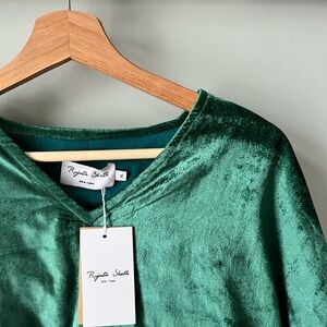 Emerald Green Velvet Blouse with V-Neck